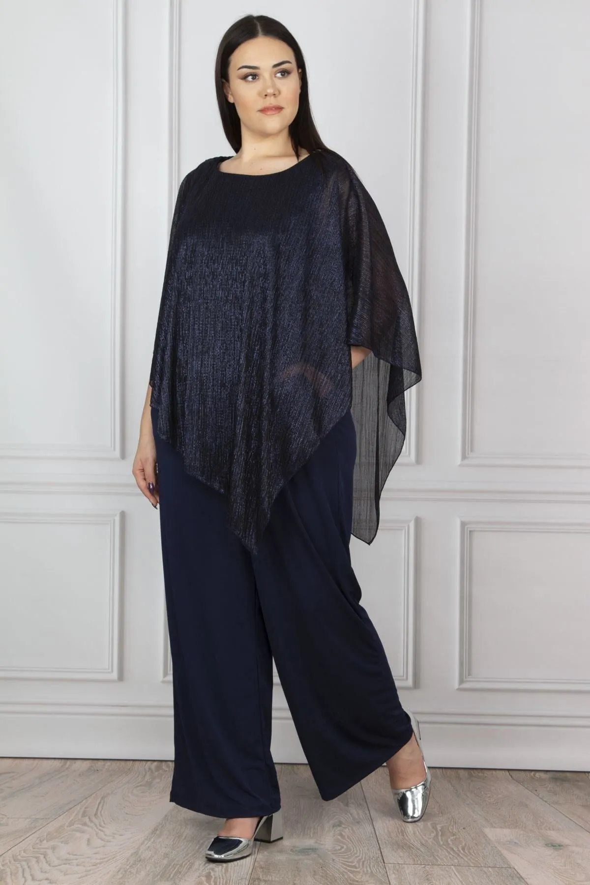 16179 Navy Blue Shimmer Cape Jumpsuit