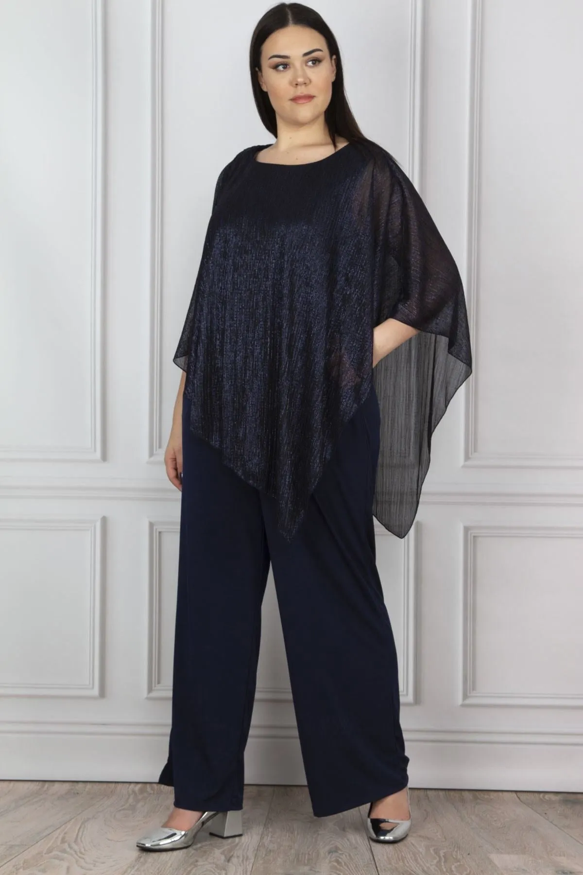 16179 Navy Blue Shimmer Cape Jumpsuit