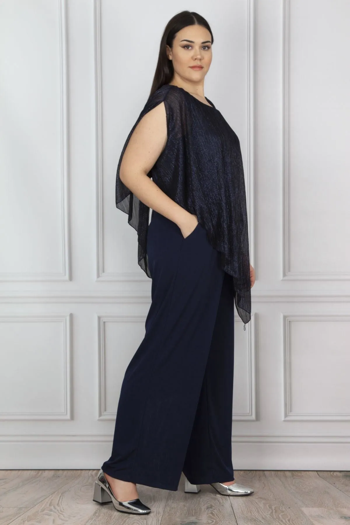 16179 Navy Blue Shimmer Cape Jumpsuit