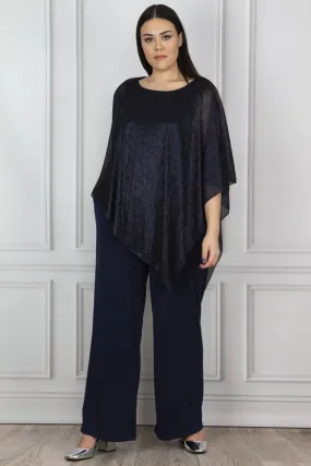 16179 Navy Blue Shimmer Cape Jumpsuit