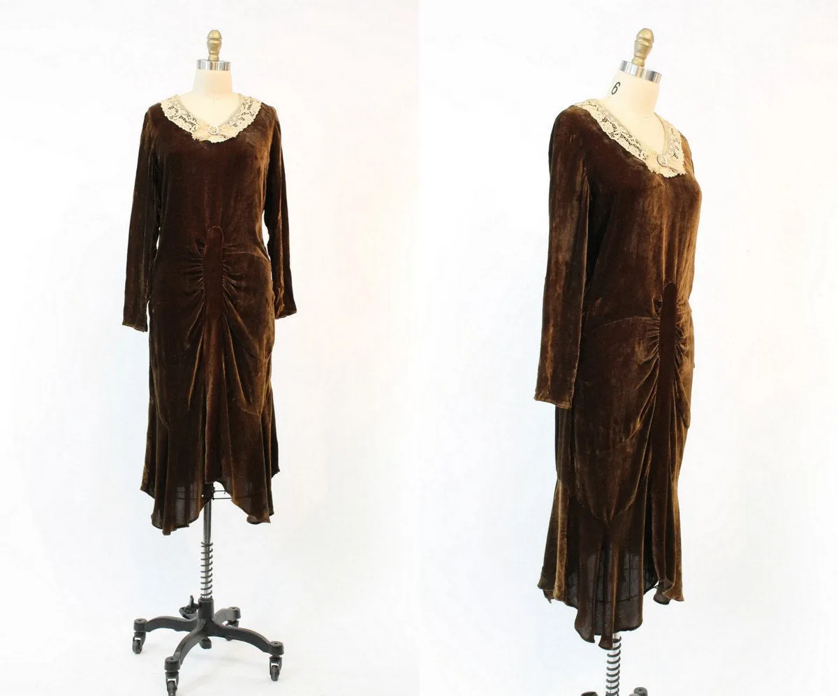 1920s CHOCOLATE silk velvet dress small | new winter