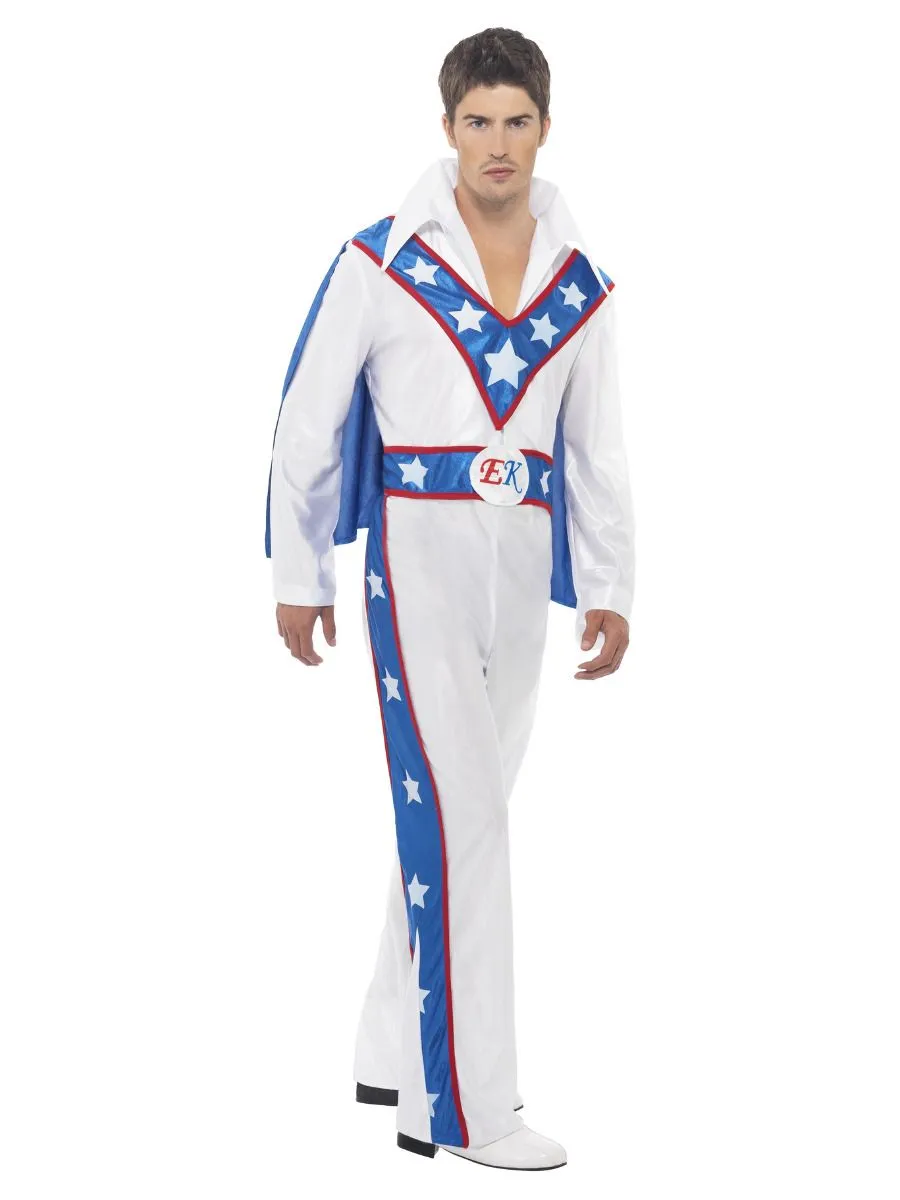 1970s Evel Knievel Daredevil Costume Adult White Blue Jumpsuit