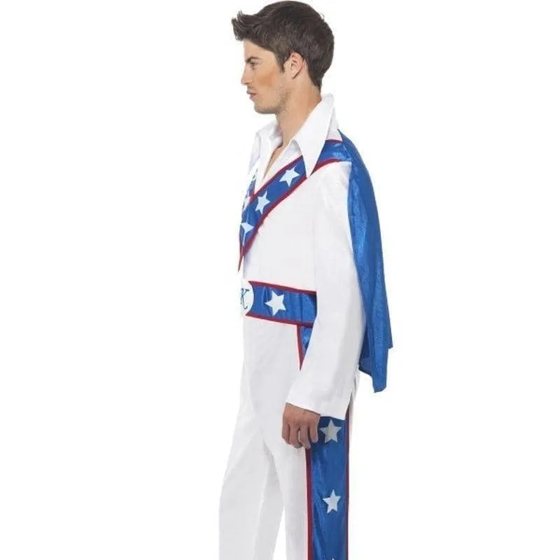 1970s Evel Knievel Daredevil Costume Adult White Blue Jumpsuit