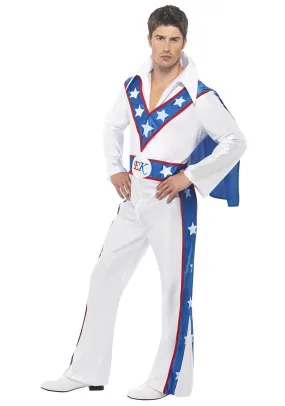 1970s Evel Knievel Daredevil Costume Adult White Blue Jumpsuit