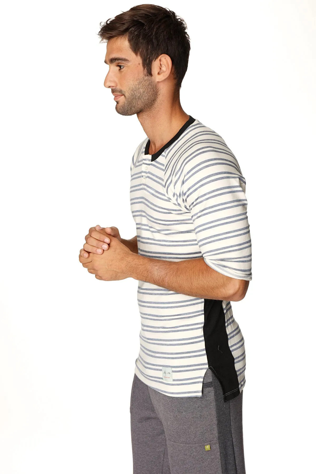 4-rth Mens Vintage-Stripe Henley Tee in French Terry Loop (Cool Blue Stripe)