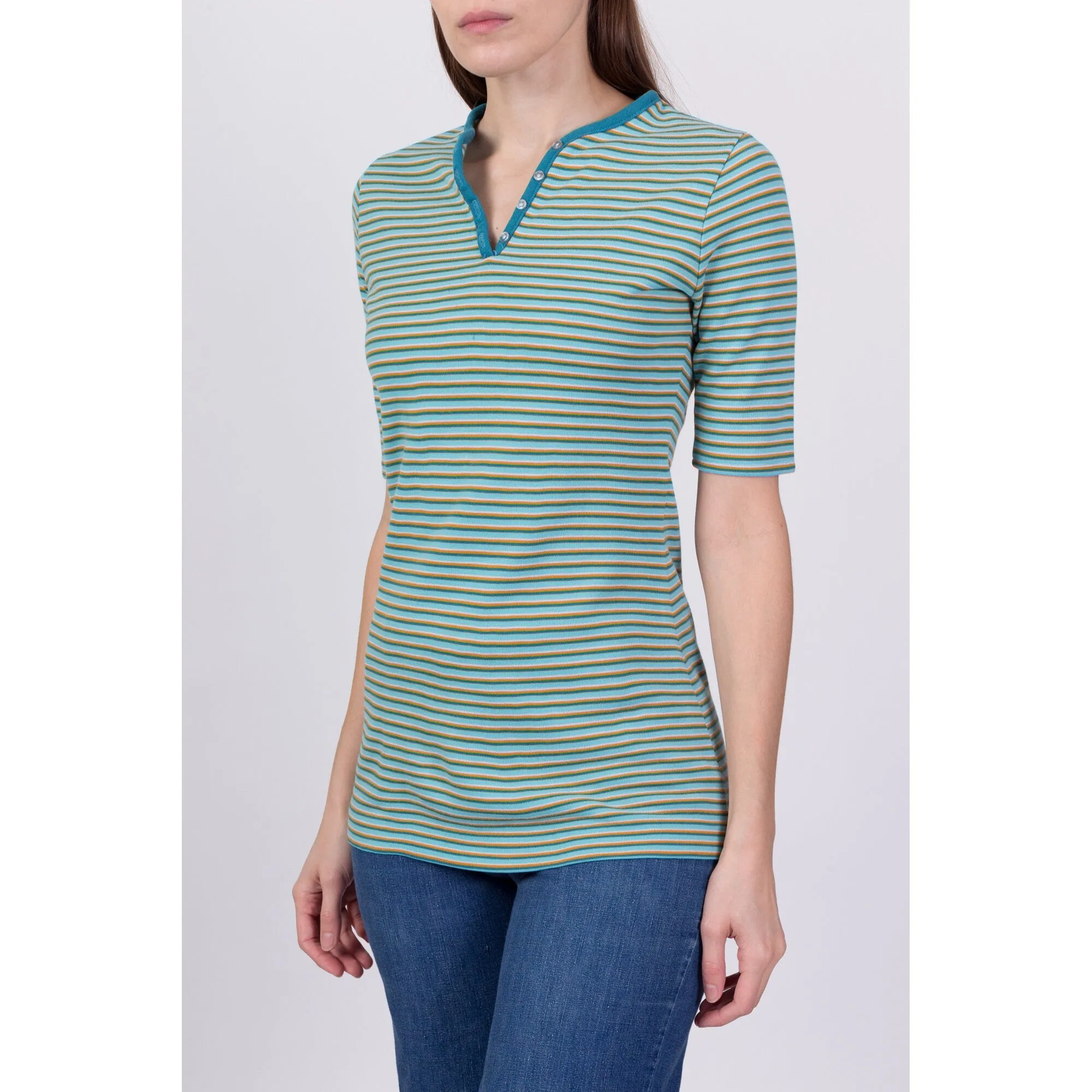 70s Retro Striped Henley Shirt - Small