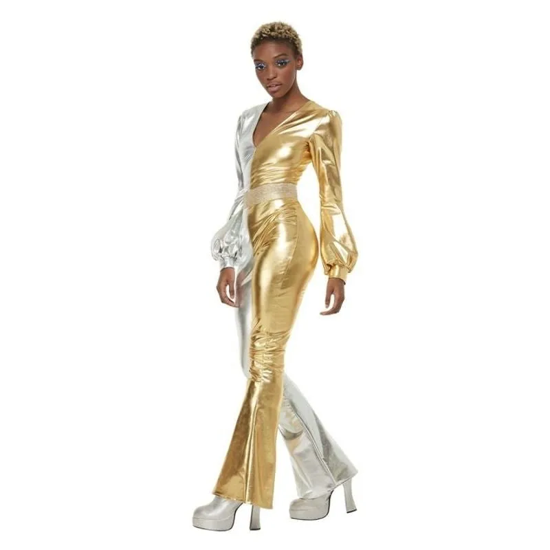 70s Super Chic Costume Adult Jumpsuit Gold Silver