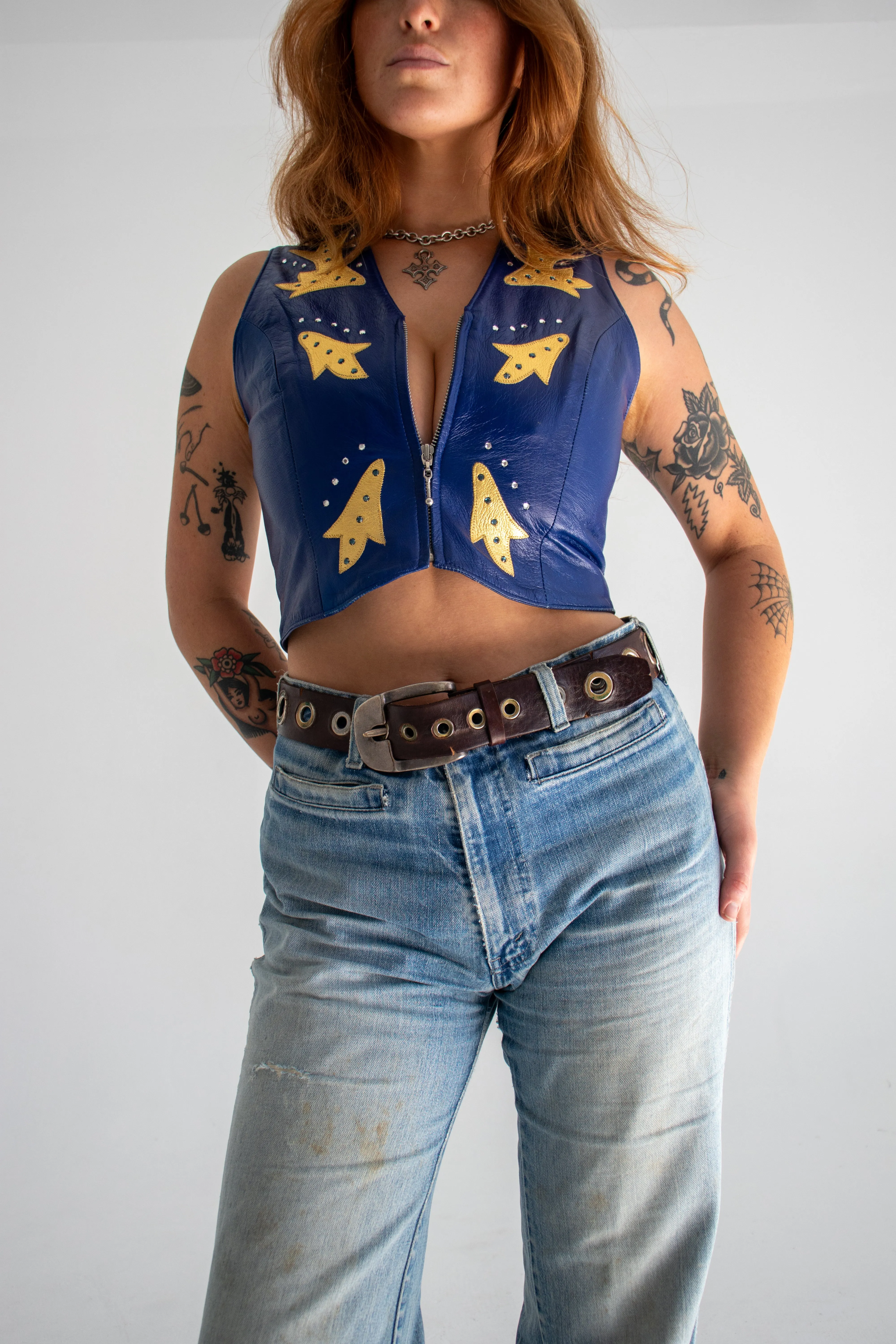 90s Blue Cropped Leather Vest