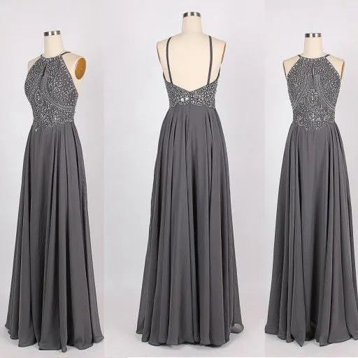 A-Line Gray Backless Chiffon Prom Dresses, Backless Bridesmaid Dresses, Wedding Party Dresses, Backless Evening Dresses, BD2303123