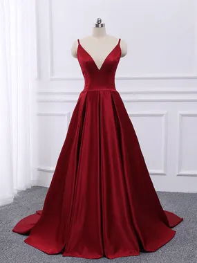 A Line V Neck Spaghetti Straps Backless Burgundy Satin Long Prom, V Neck Burgundy Formal, Burgundy Evening