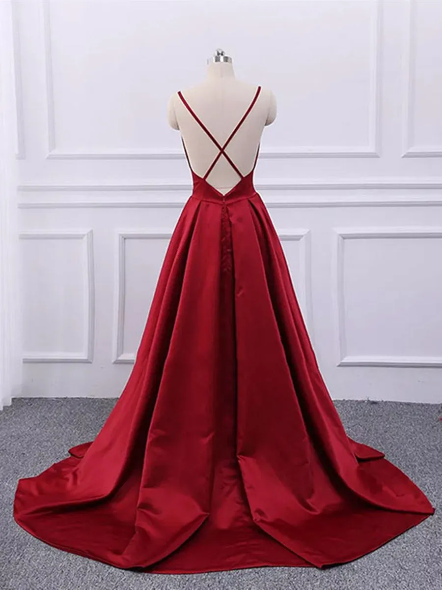 A Line V Neck Spaghetti Straps Backless Burgundy Satin Long Prom, V Neck Burgundy Formal, Burgundy Evening