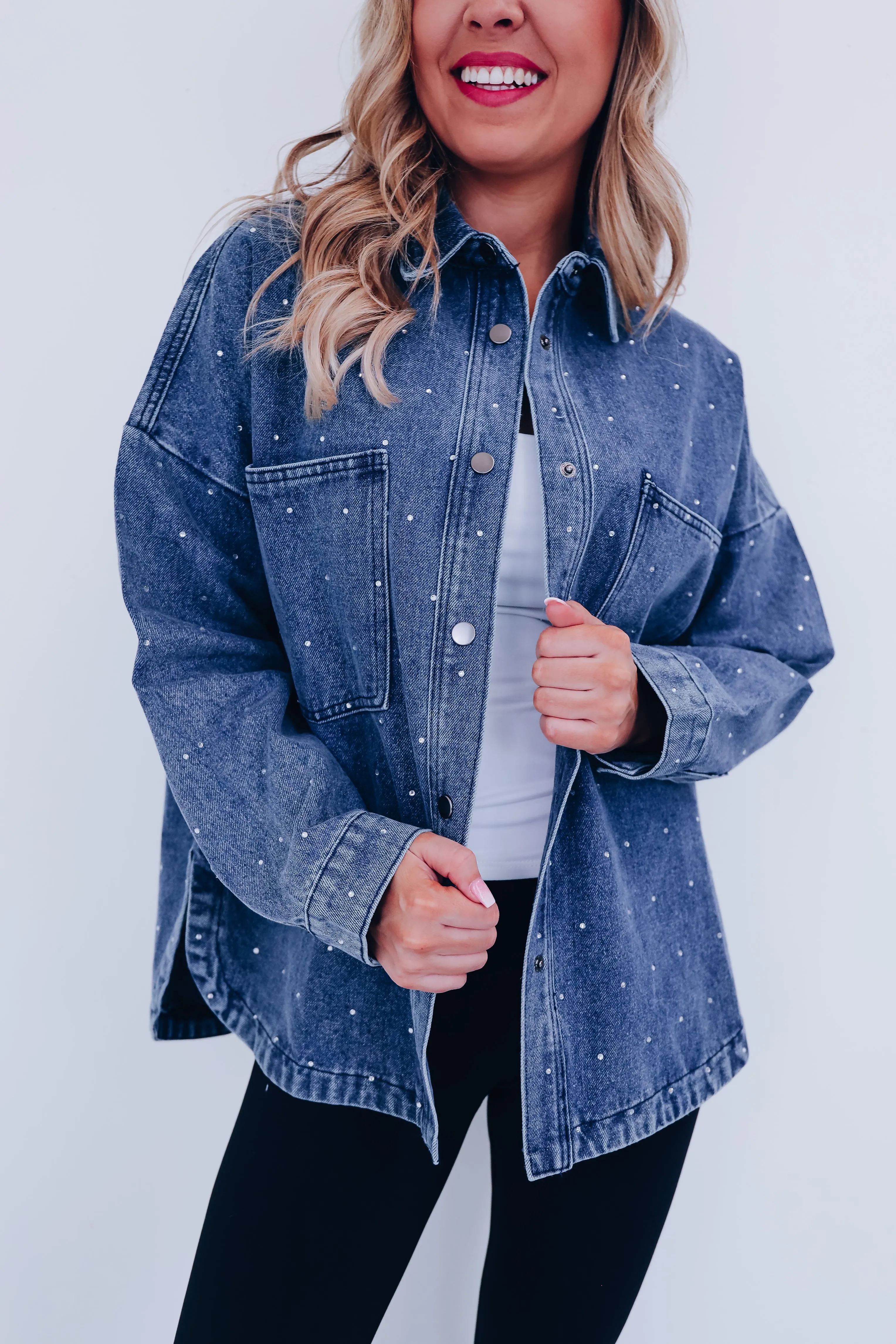 Ada Adorned Denim Shacket - Denim Blue