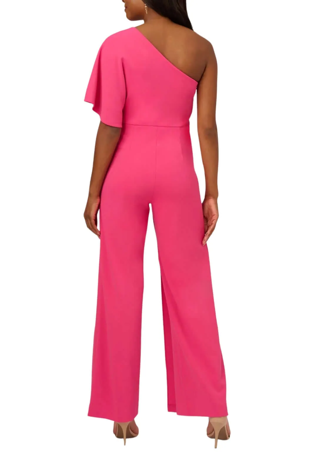 Adrianna Papell Asymmetrical One Shoulder Cape Sleeve Stretch Crepe Solid Jumpsuit