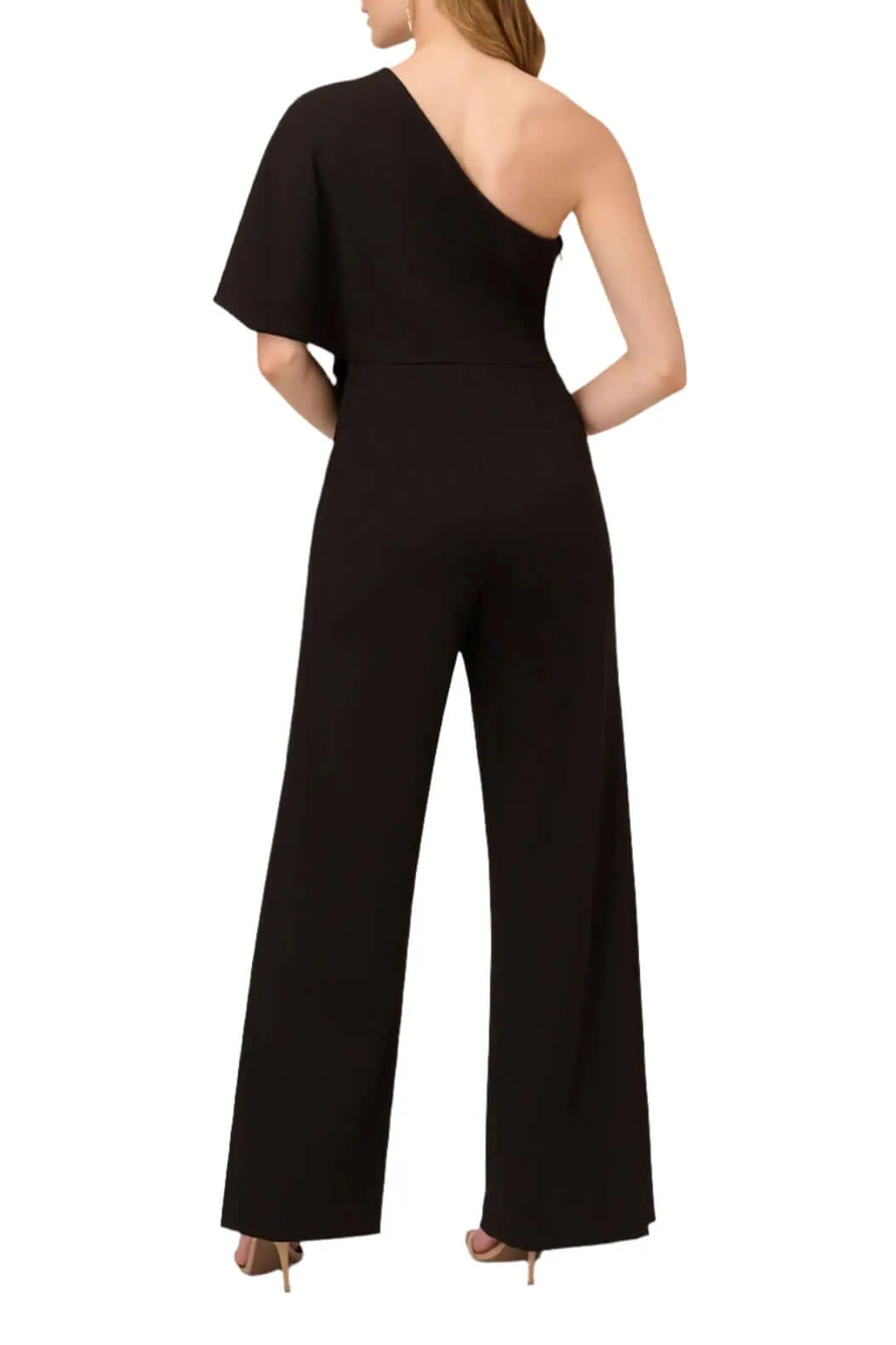 Adrianna Papell Asymmetrical One Shoulder Cape Sleeve Stretch Crepe Solid Jumpsuit