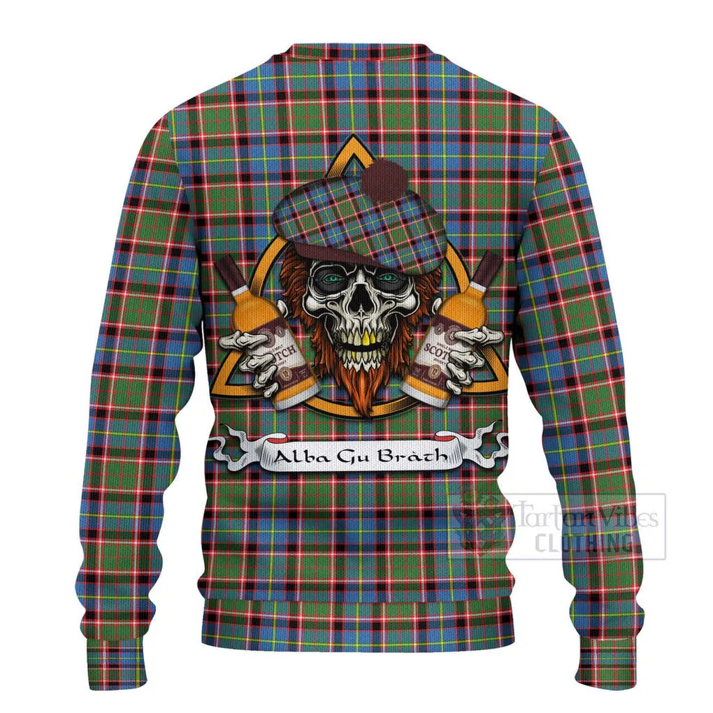 Aikenhead Tartan Ugly Sweater with Family Crest and Bearded Skull Holding Bottles of Whiskey