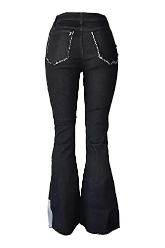 Aodrusa Women Patch Flare Jeans Bell Bottom Raw Hem Y2k Denim Pants Black US 6-8