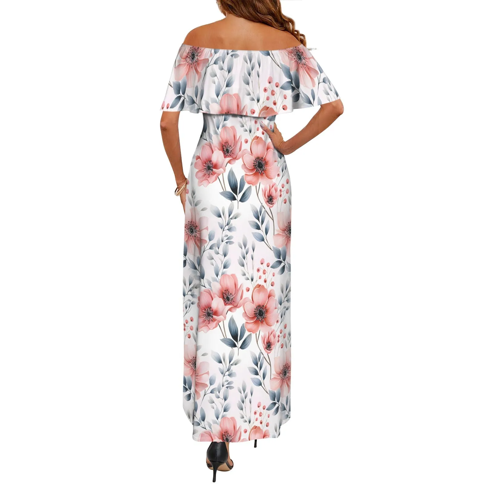 Apricot and Grey Floral Women's Off Shoulder Ruffle Boat Neck Dress (Model D71)