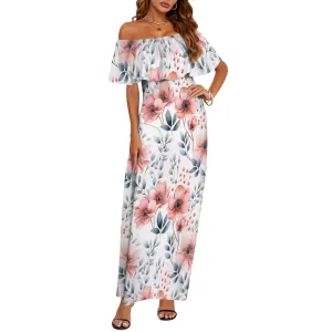 Apricot and Grey Floral Women's Off Shoulder Ruffle Boat Neck Dress (Model D71)