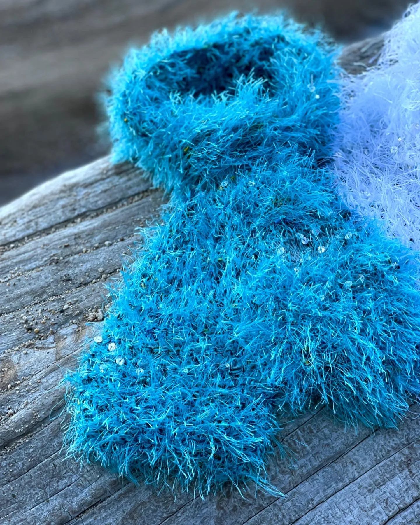 Aquamarine Hand Knitted Scarf for Women, Soft Eyelash Fur