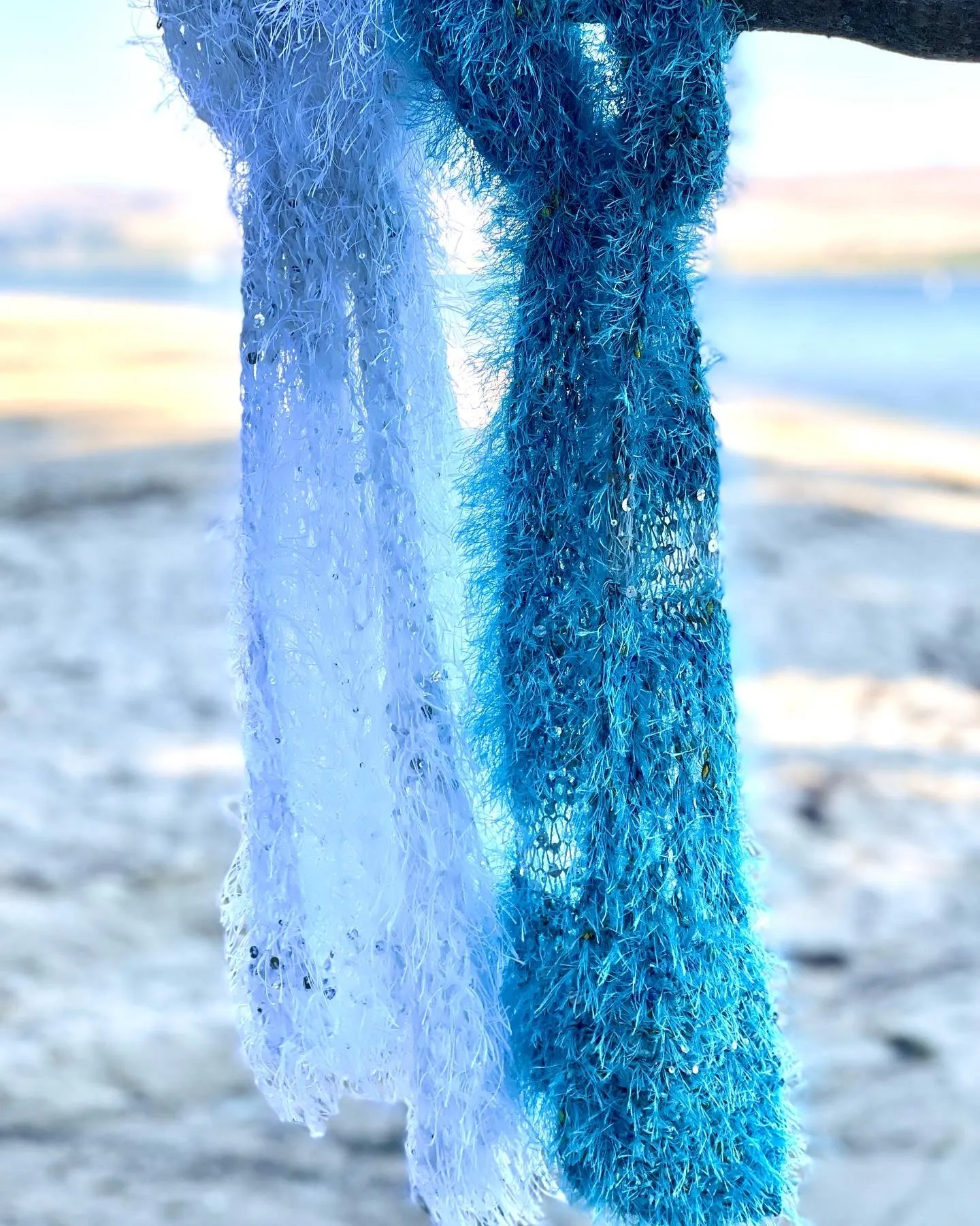 Aquamarine Hand Knitted Scarf for Women, Soft Eyelash Fur