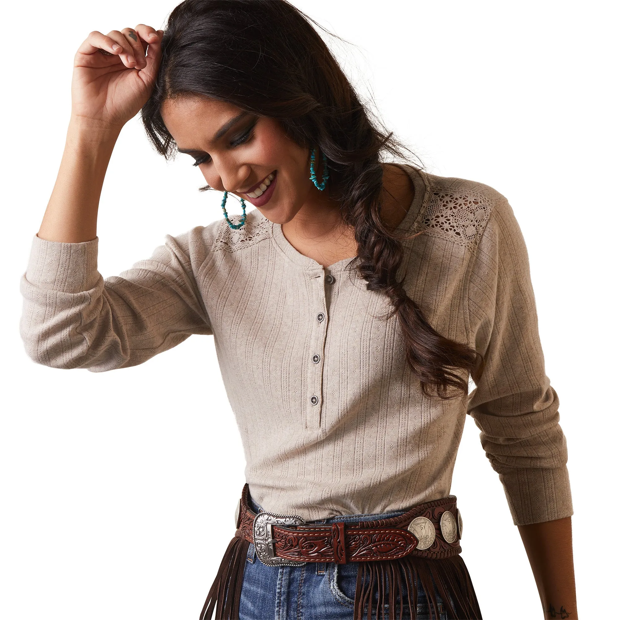 Ariat® Ladies R.E.A.L Pointelle Oatmeal Henley Shirt 10043415