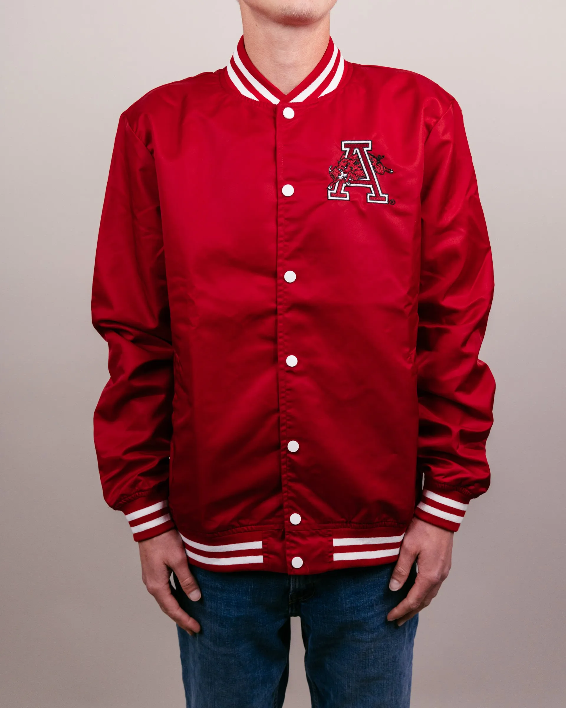 Arkansas Script Monogram Cardinal Varsity Jacket