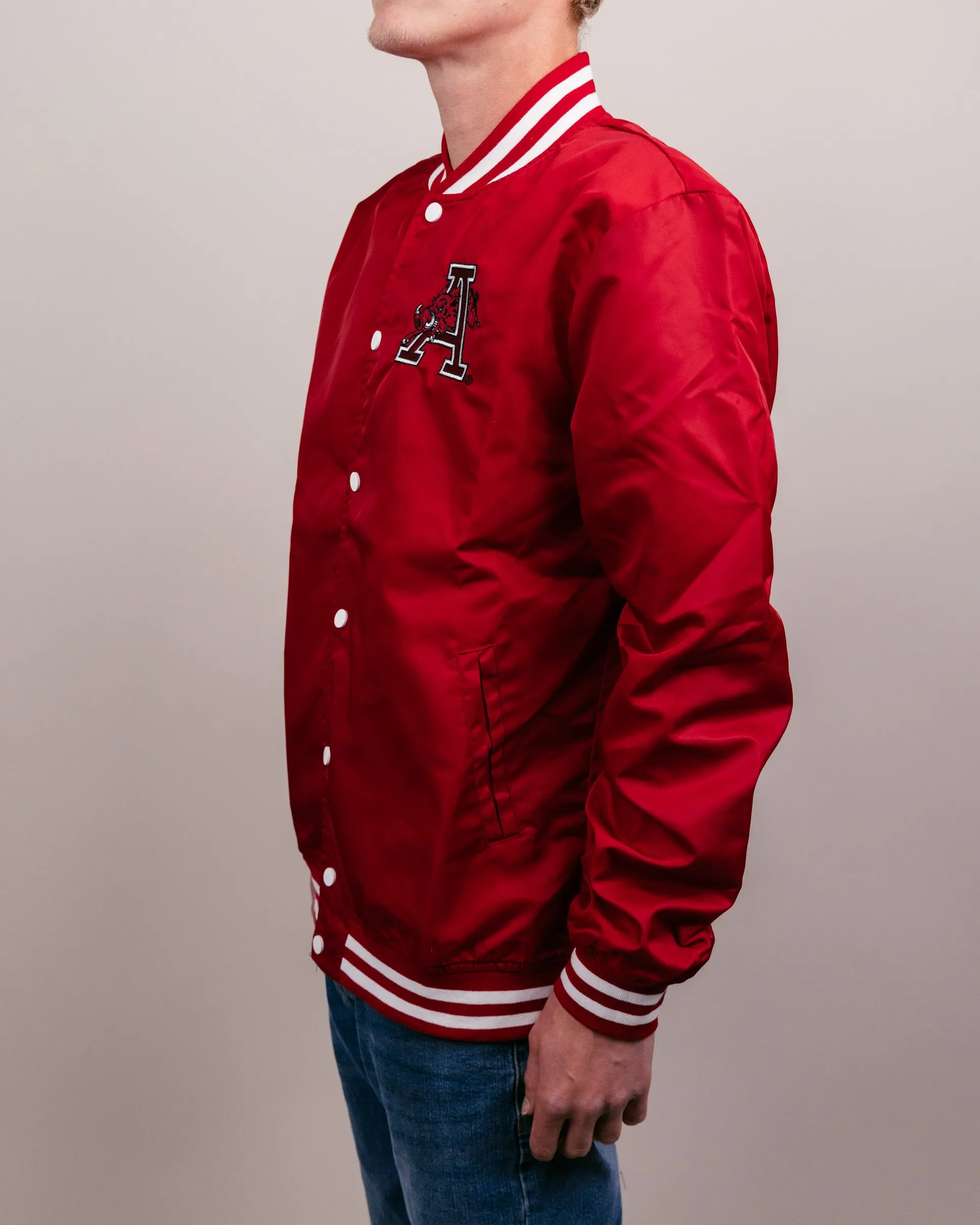 Arkansas Script Monogram Cardinal Varsity Jacket