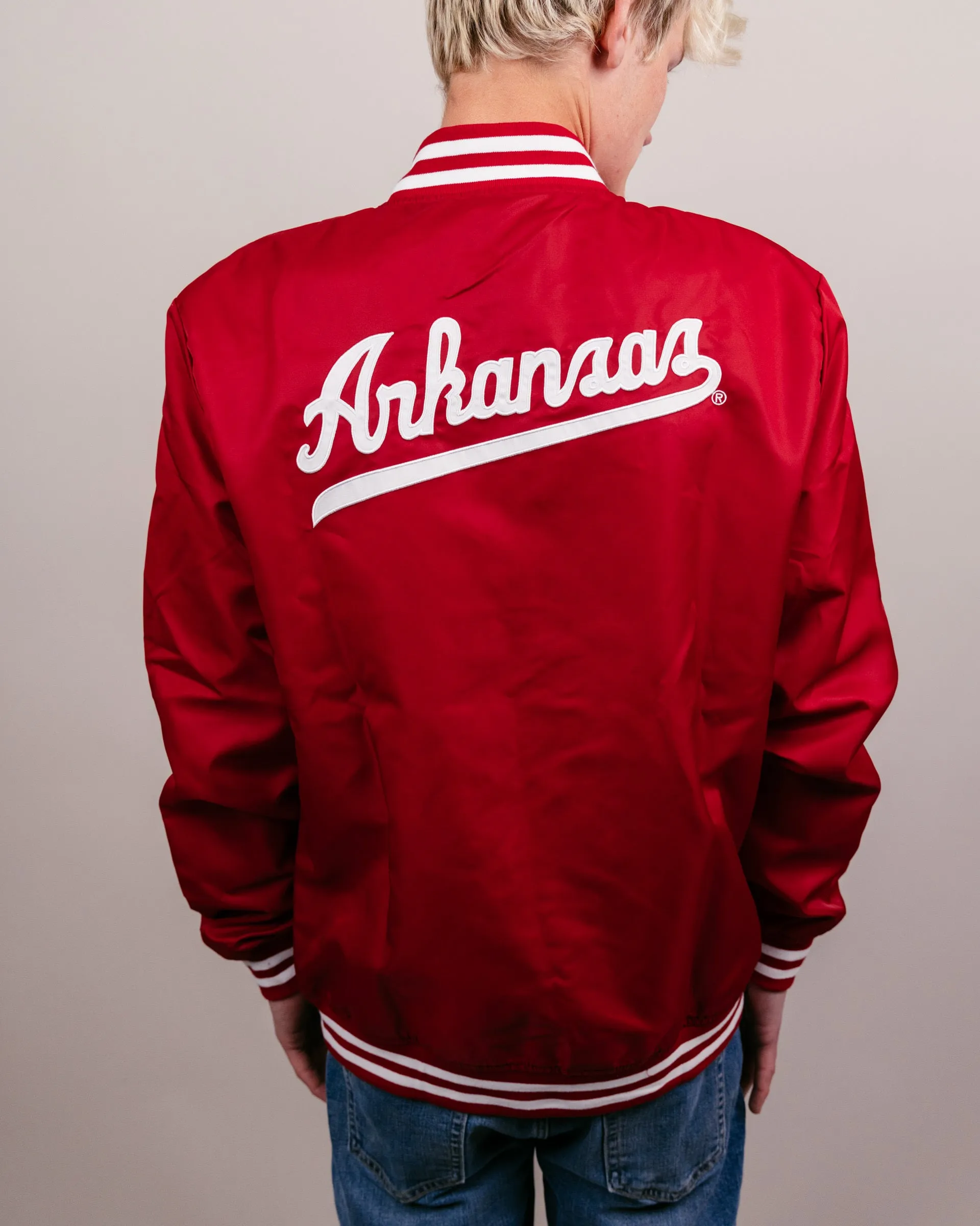 Arkansas Script Monogram Cardinal Varsity Jacket