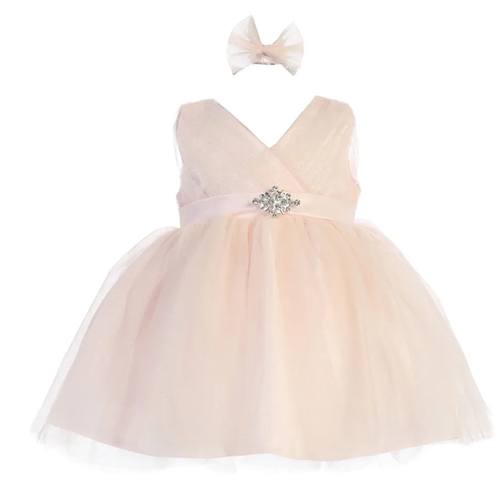 Baby Girls Blush Glitter Tulle V-Neck Rhinestone Brooch Flower Girl Dress 6M