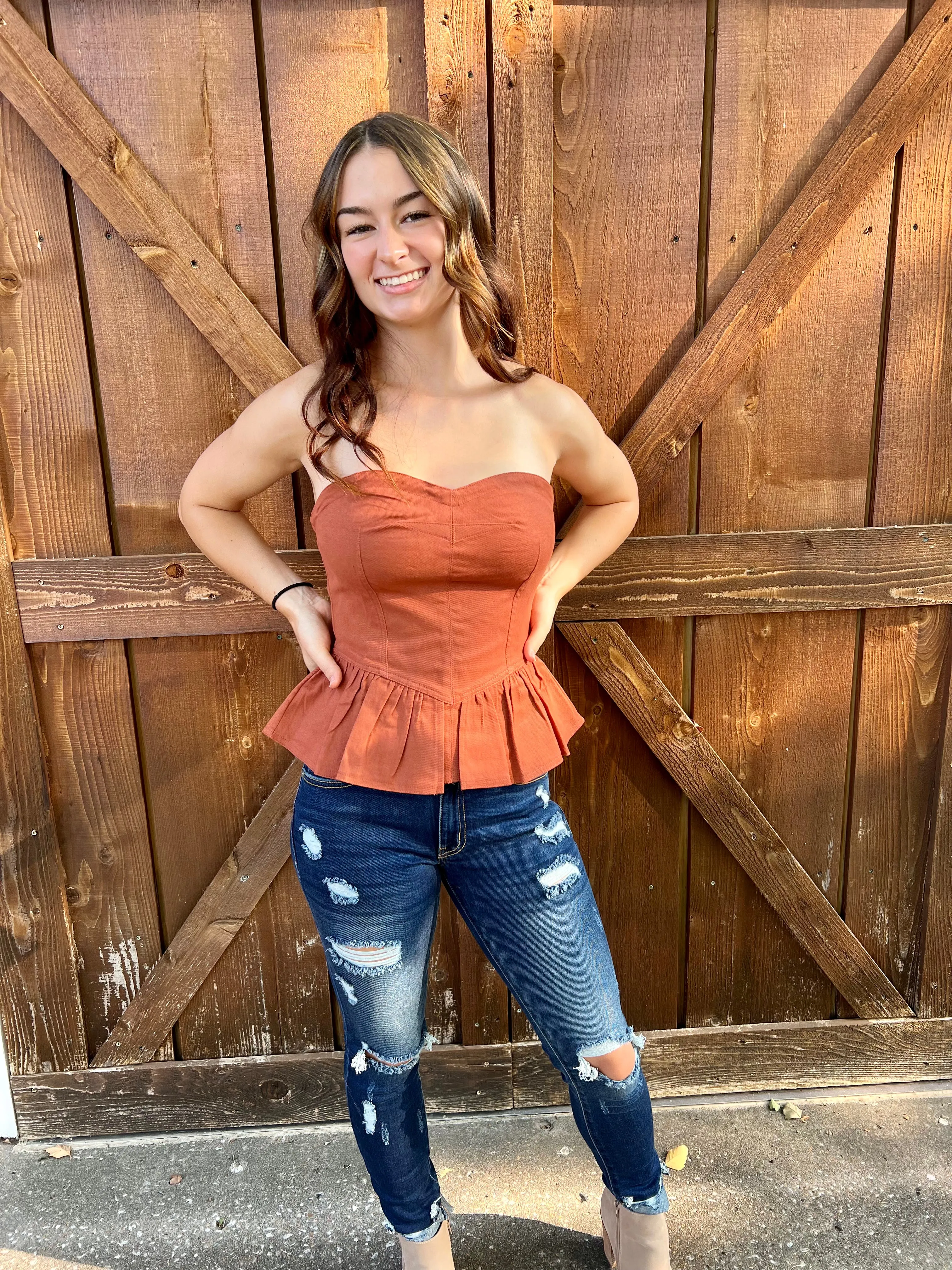 Baby It's Fall Brick Denim Strapless Top