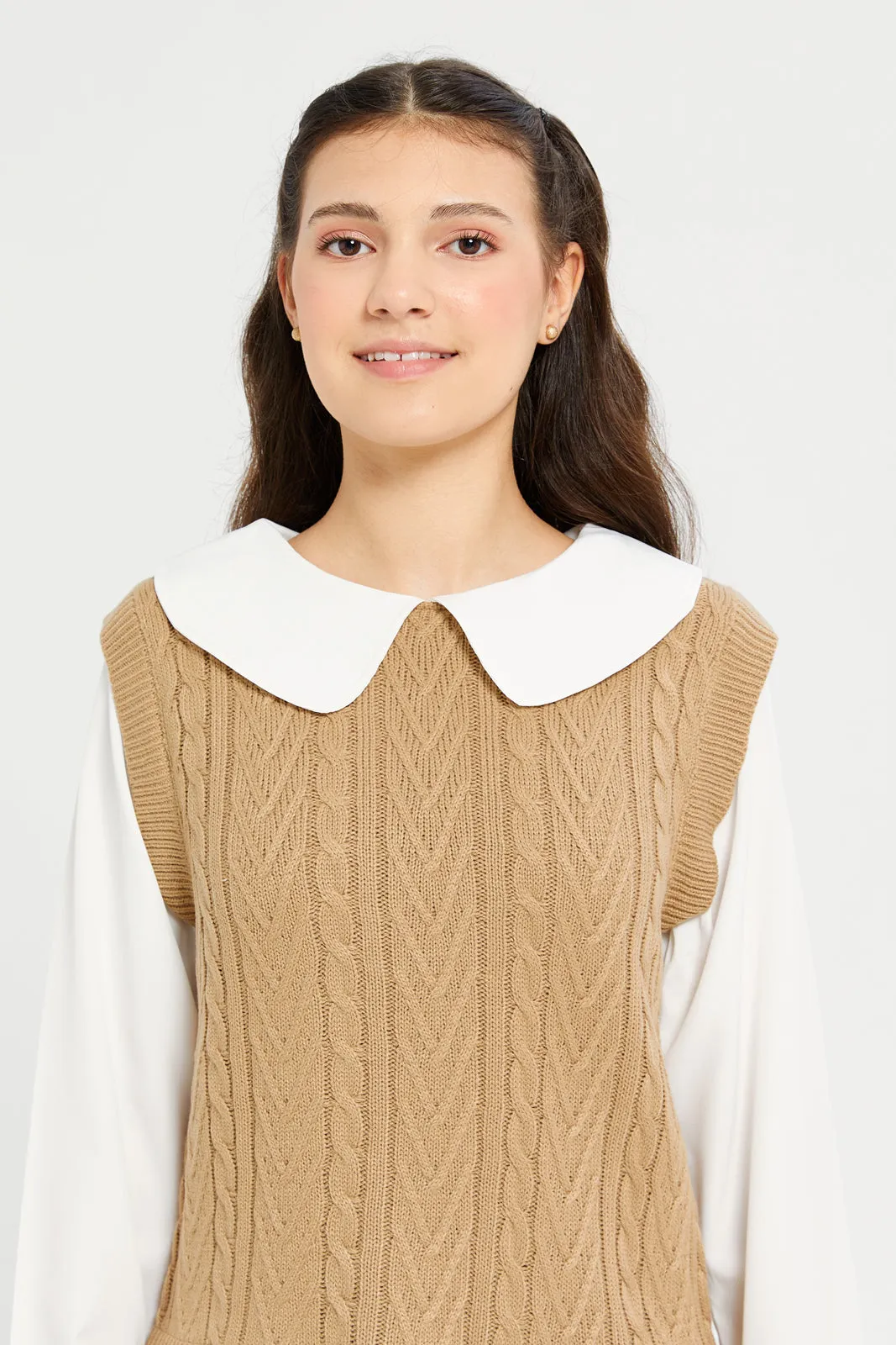 Beige Peterpan Collar Tunic Twofer Pullover