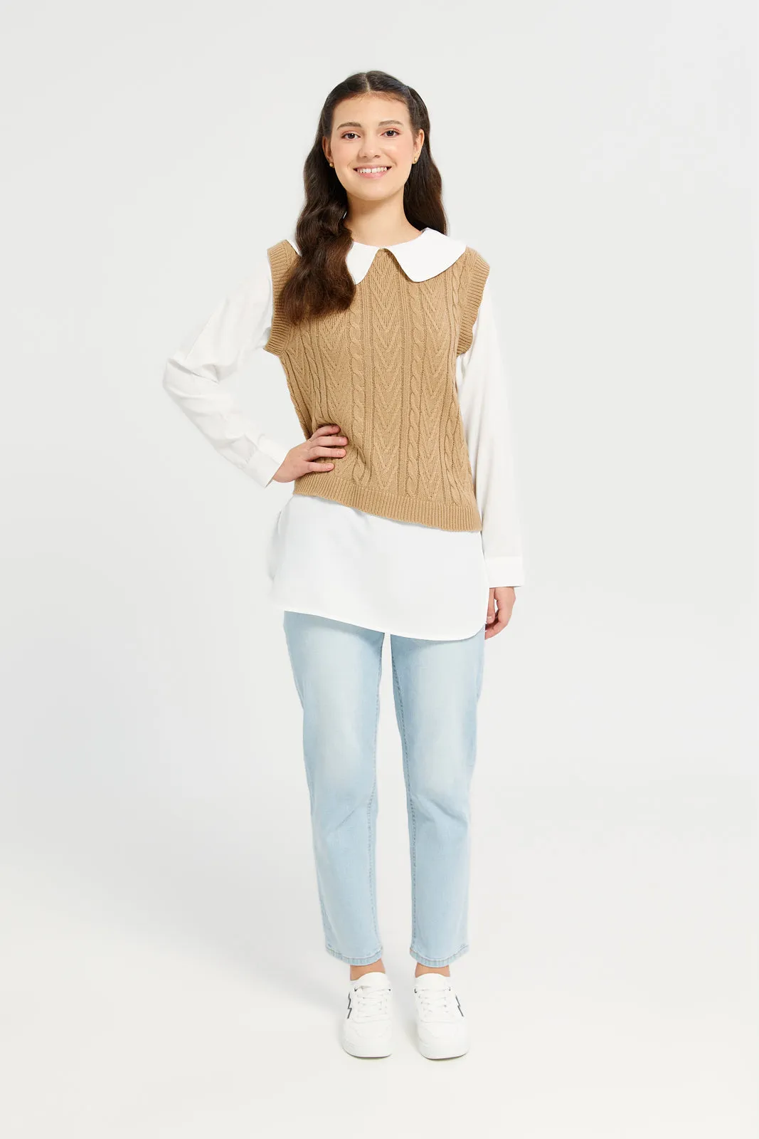 Beige Peterpan Collar Tunic Twofer Pullover