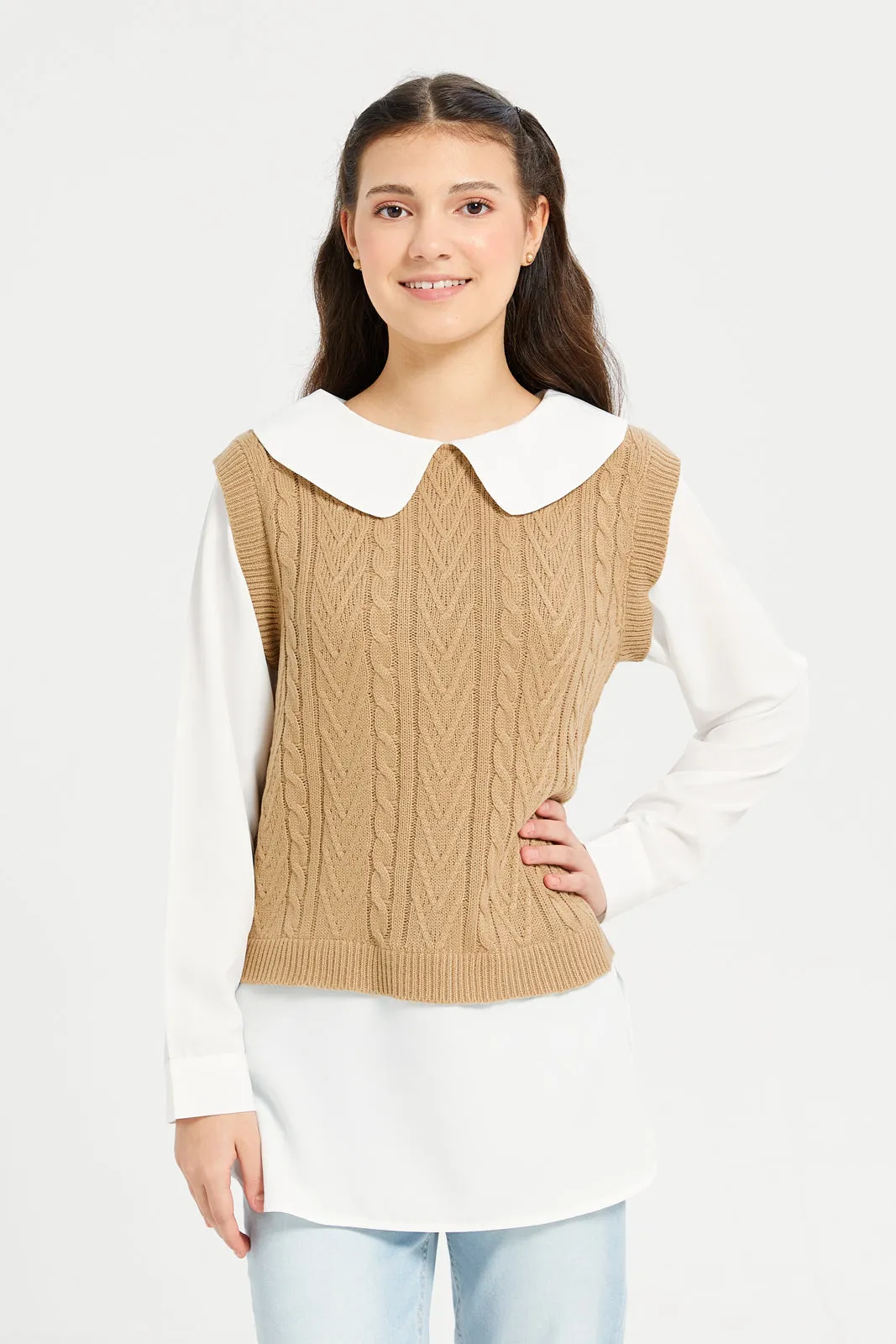 Beige Peterpan Collar Tunic Twofer Pullover