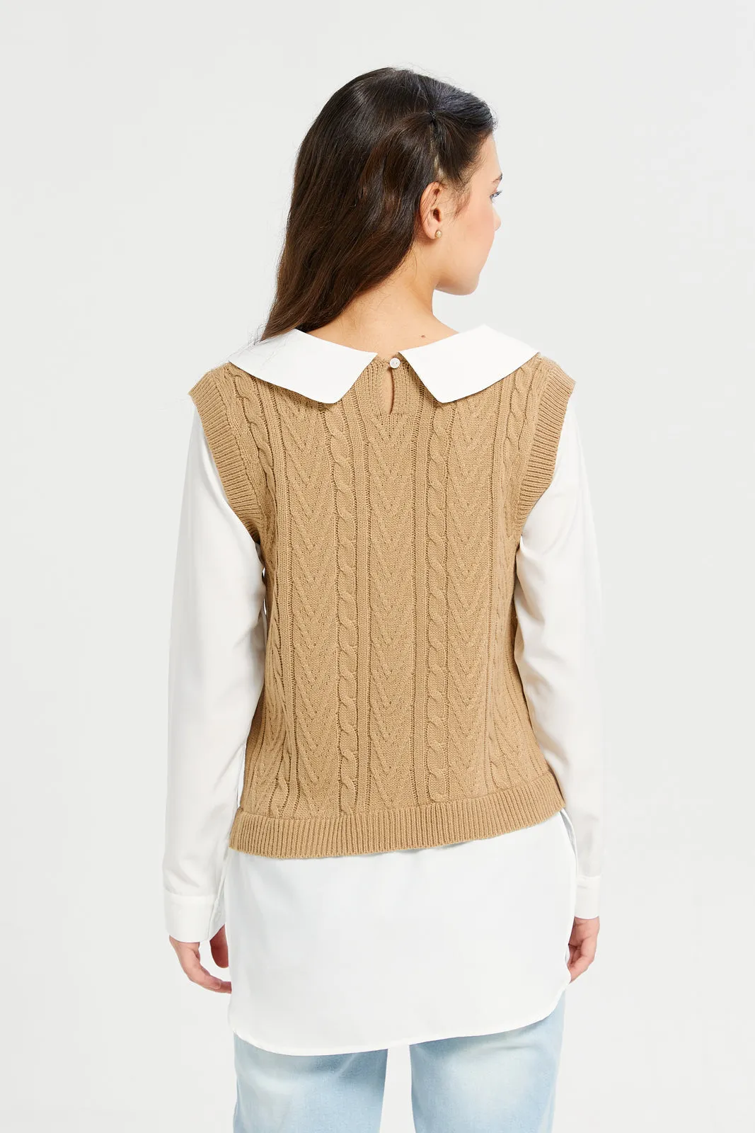 Beige Peterpan Collar Tunic Twofer Pullover