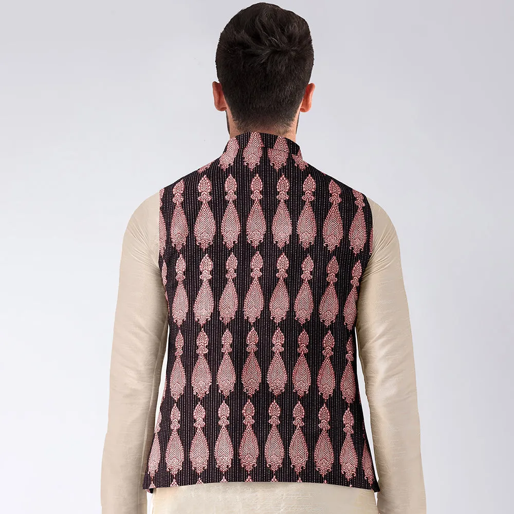 Black - Men Nehru Jacket in Bagh Block Printing