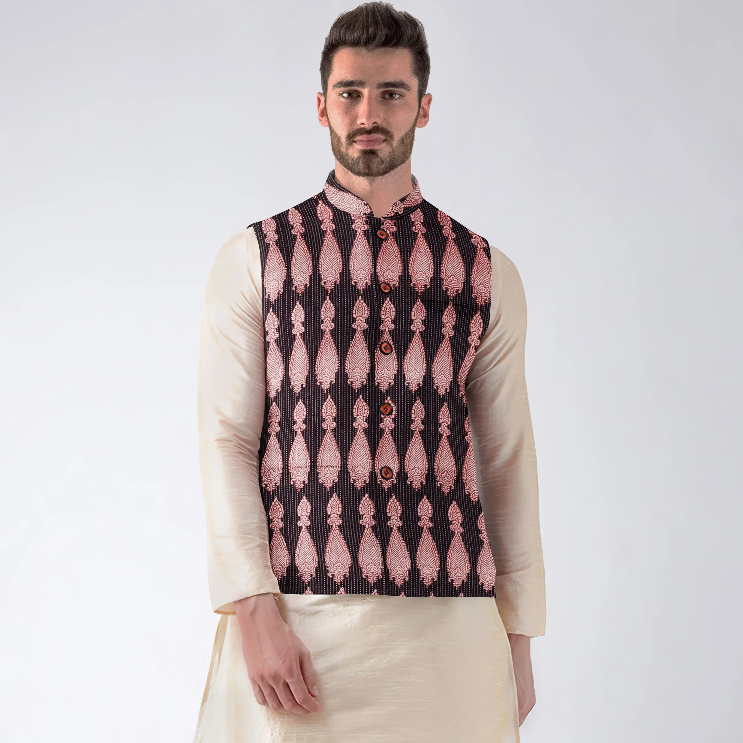 Black - Men Nehru Jacket in Bagh Block Printing