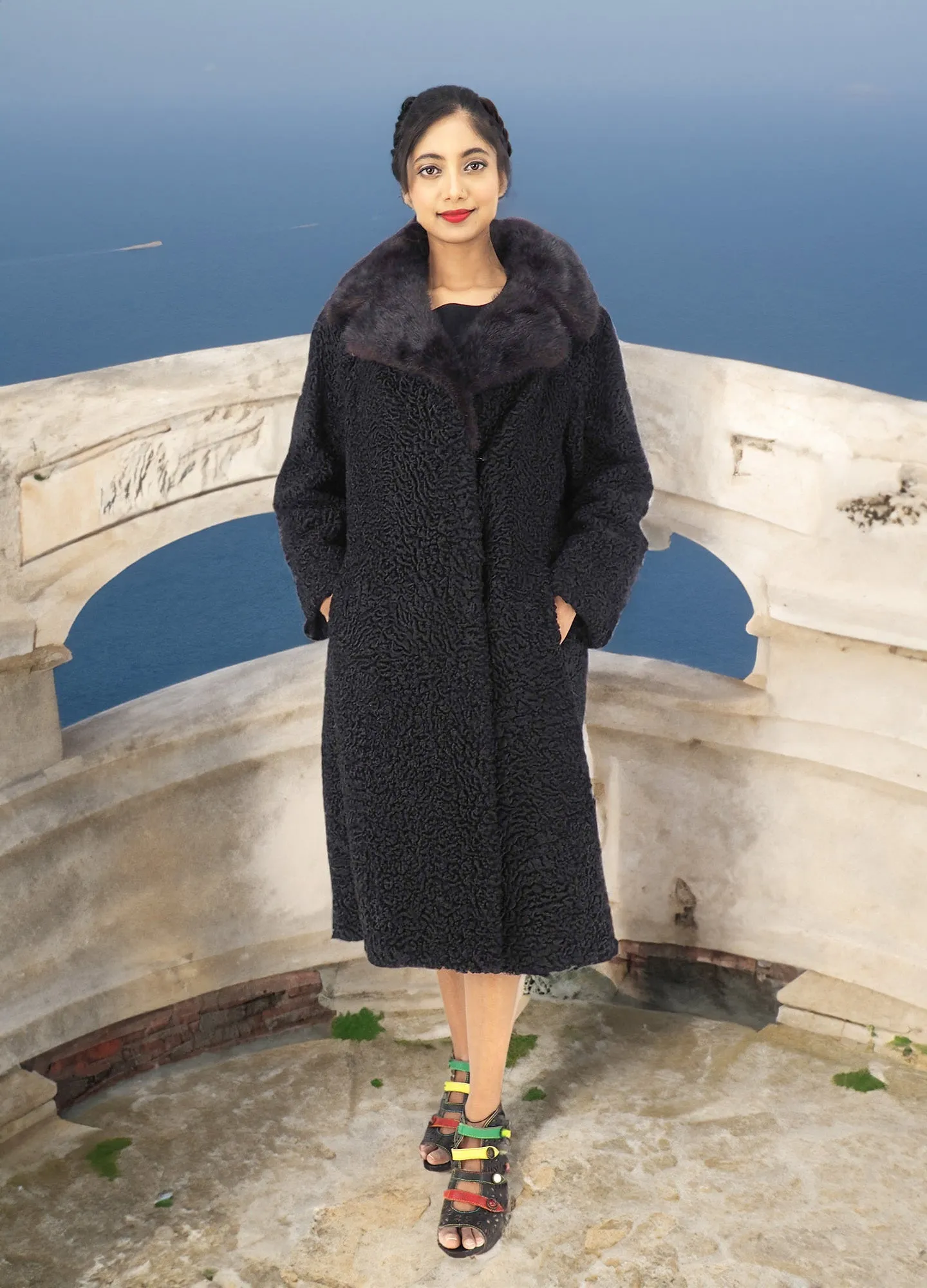 Black Persian Lamb Curly Lamb Coat With Mink Collar Excellent M/L