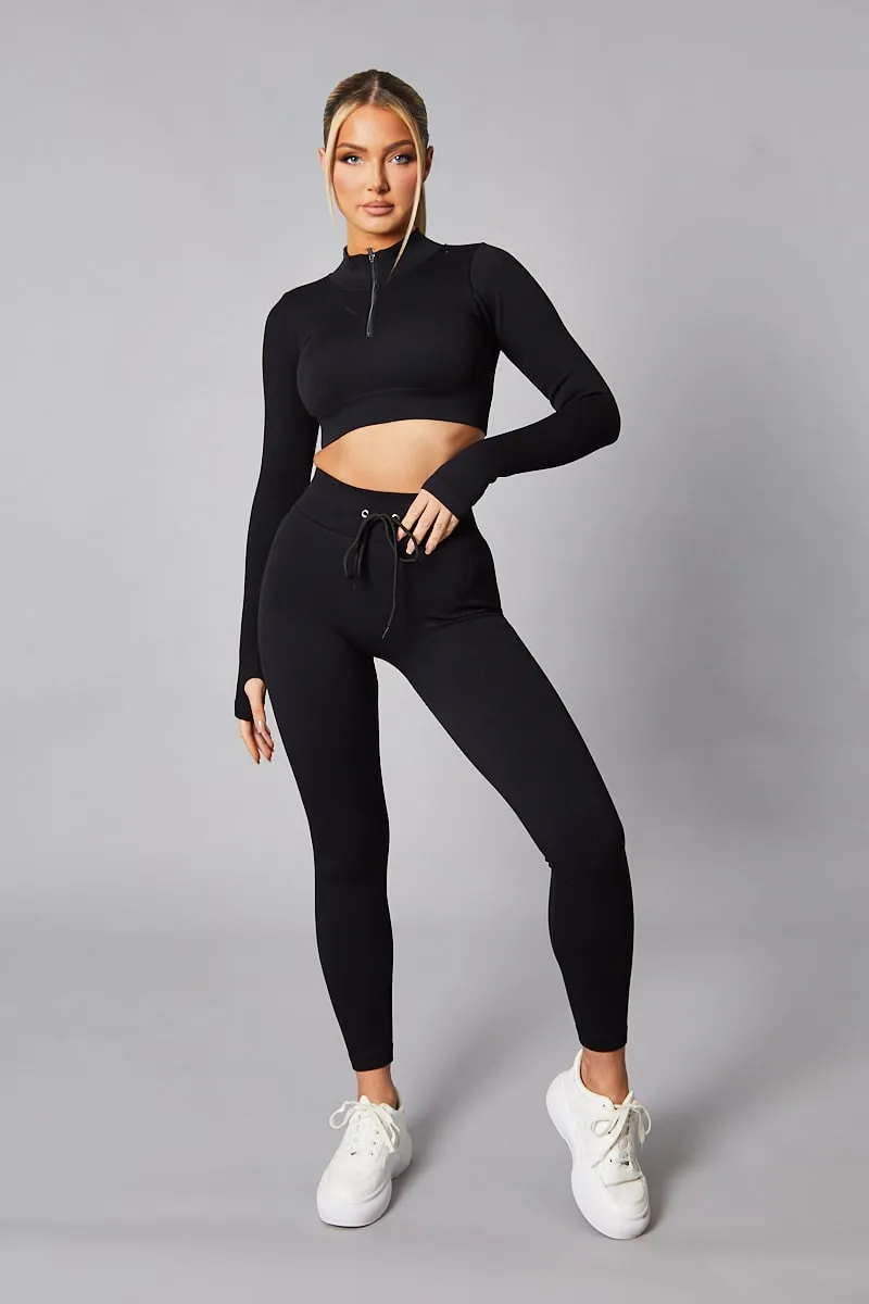 Black Rib Knit Zip Front Crop Top & Leggings Set - Nico