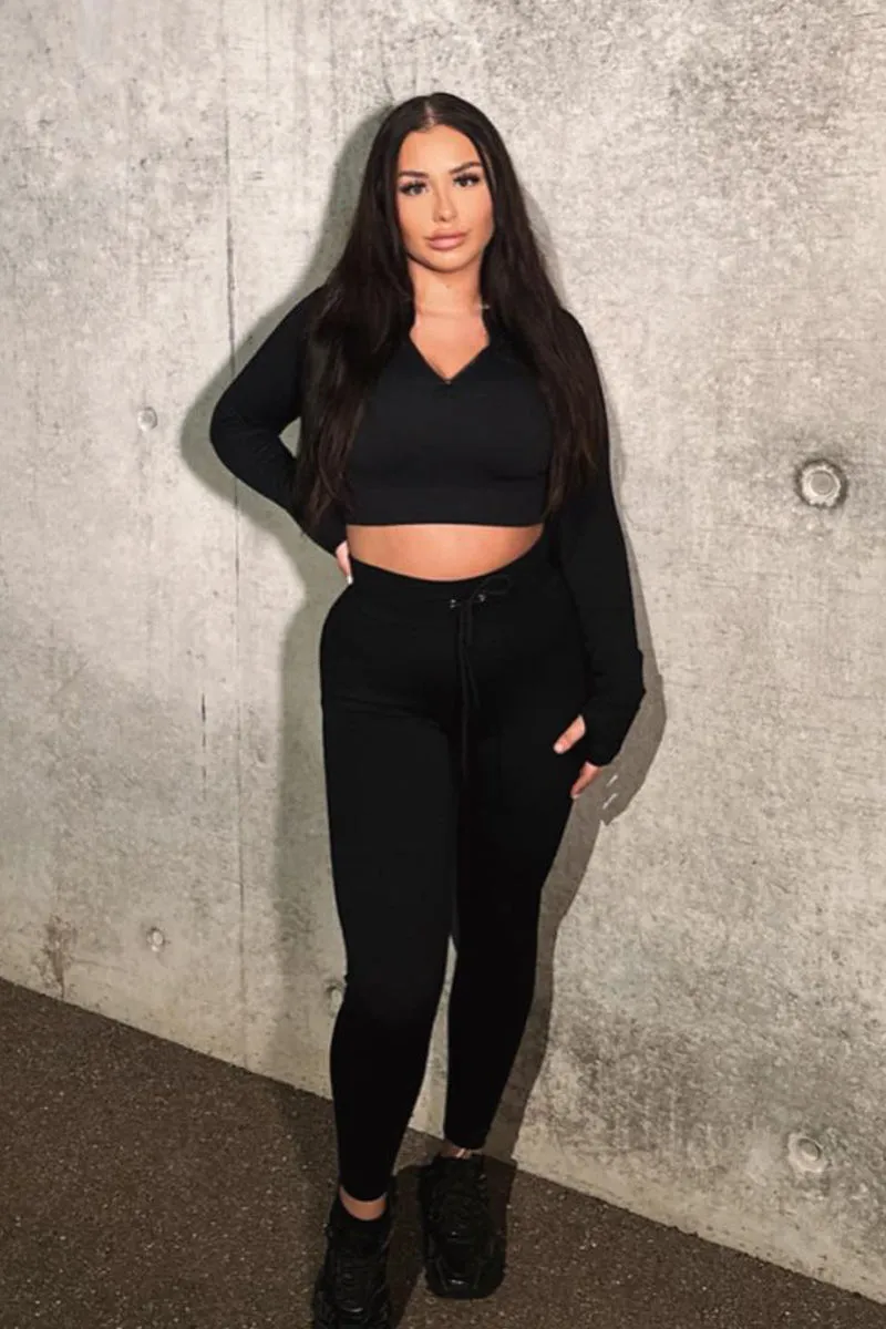 Black Rib Knit Zip Front Crop Top & Leggings Set - Nico