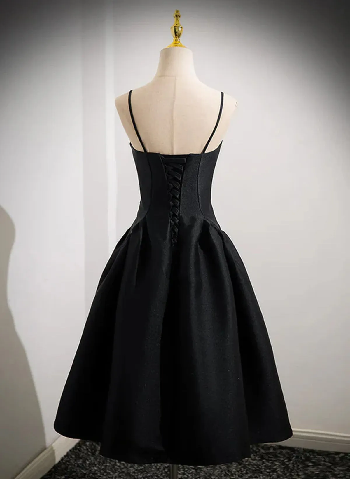 Black Satin Spaghetti Straps Short Prom Dress, Black Homecoming Party Dress