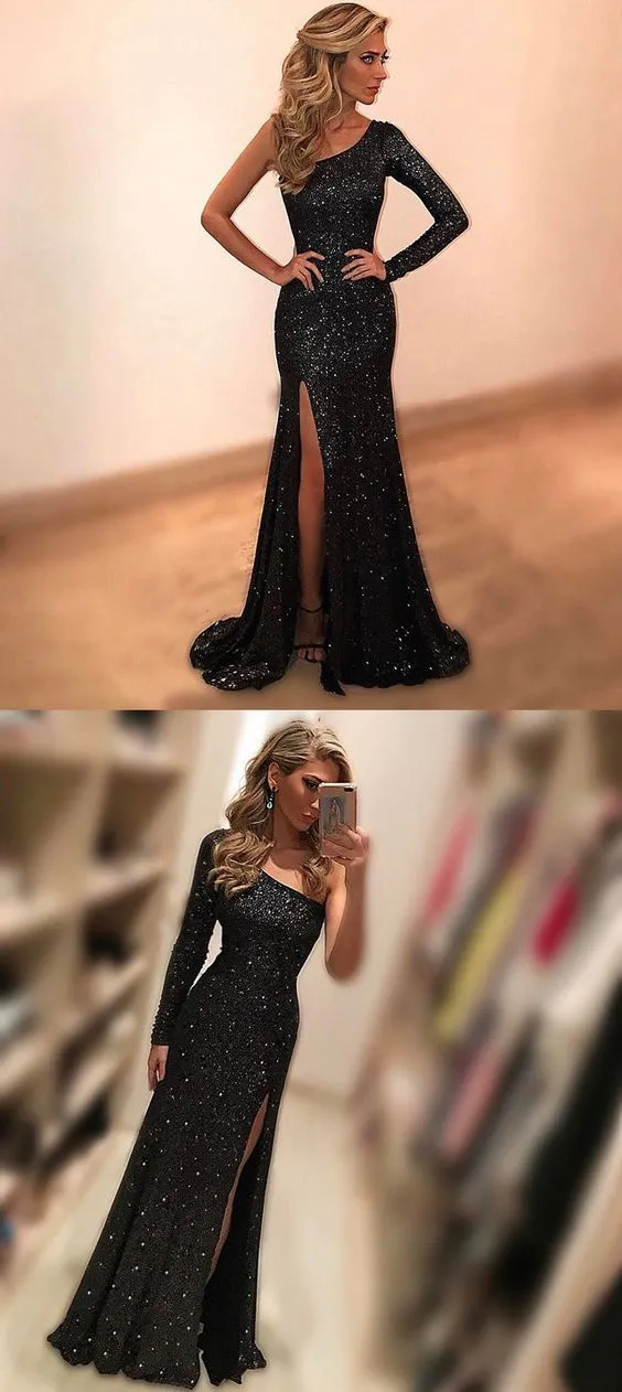 black sparkle one shoulder side slit long evening dresses, BD4527