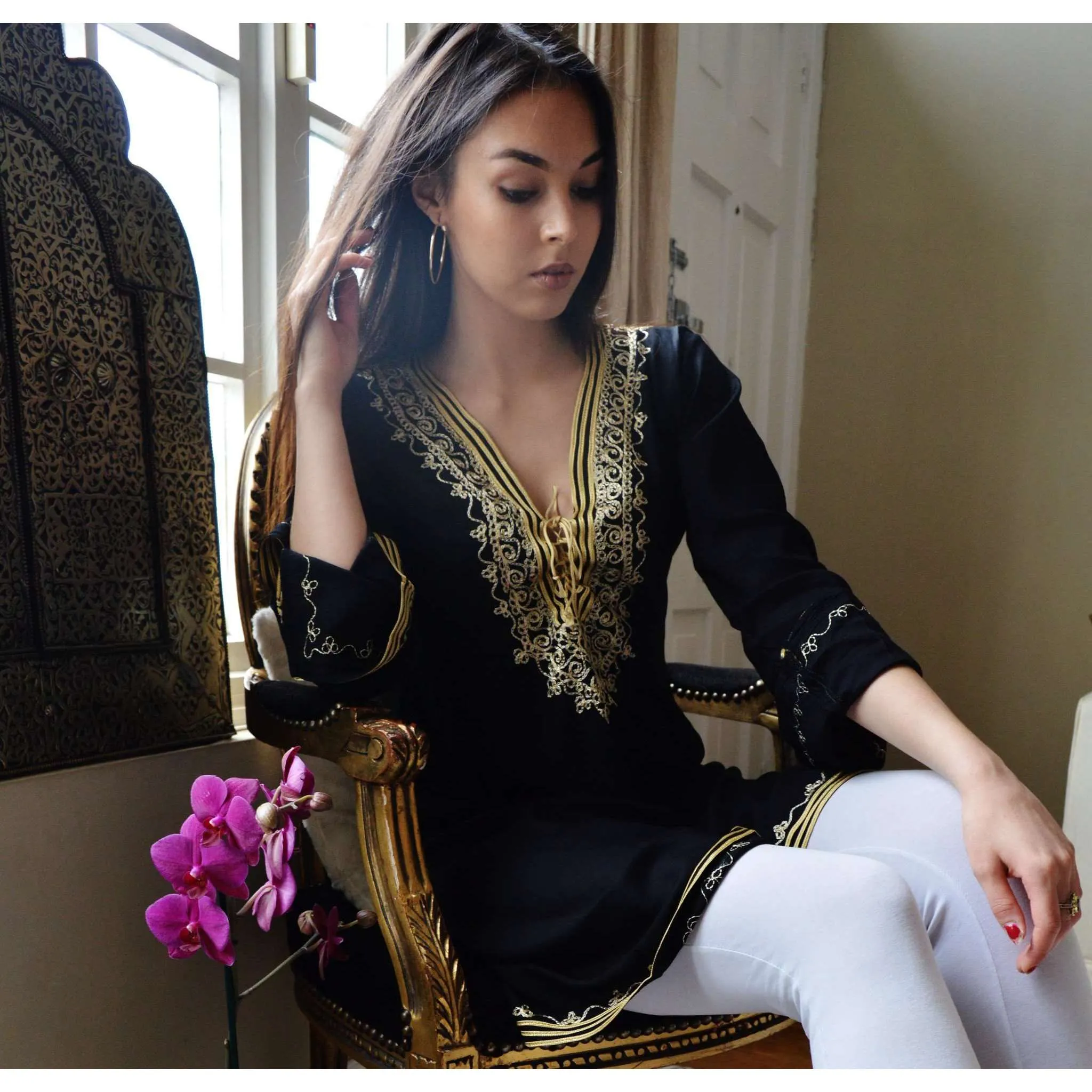 Black with Gold Embroidery Tunic- Autumn Moroccan Boho Tunic