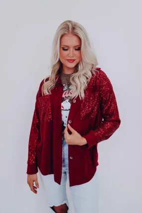 Blazing Bling Sequin Shacket - Burgundy