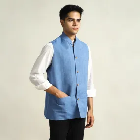 Blue - Pure Cotton Handloom Men Nehru Jacket 06