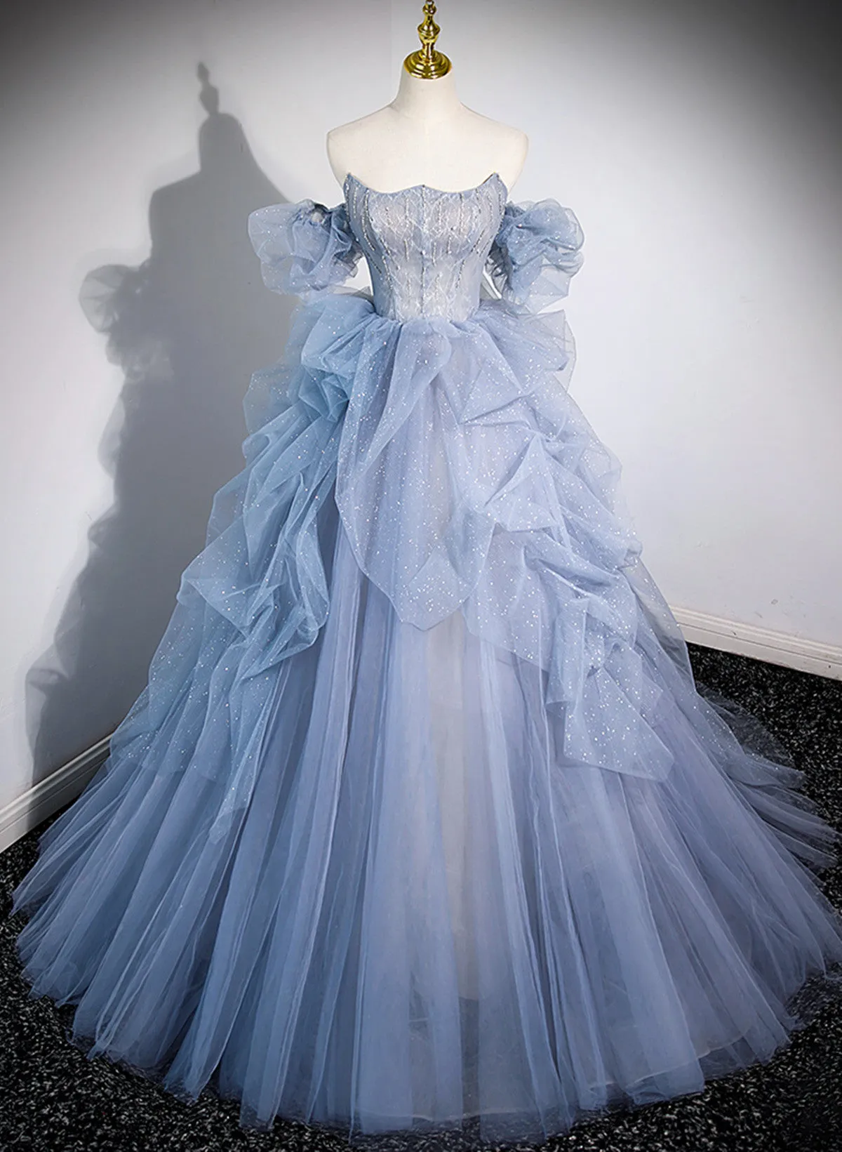 Blue Tulle Beaded Off Shoulder New Style Prom Dress, Blue Sweet 16 Dress