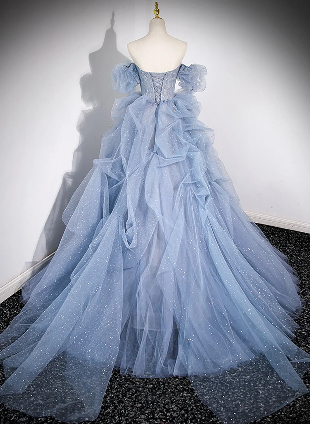 Blue Tulle Beaded Off Shoulder New Style Prom Dress, Blue Sweet 16 Dress