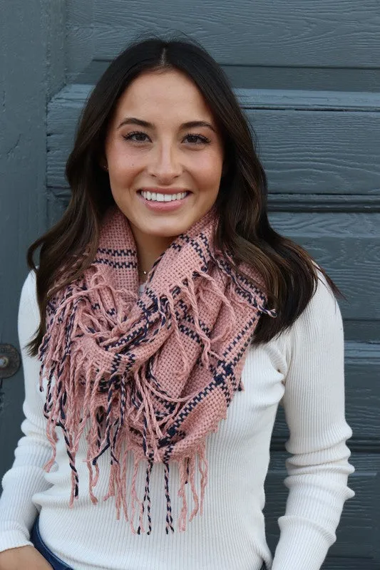 Blush Pink Navy Soft Knit Plaid Infinity Tassel Fringe Scarf Windowpane