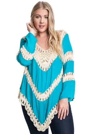 Bohemian Lacy Crochet Trim Tunic, Teal