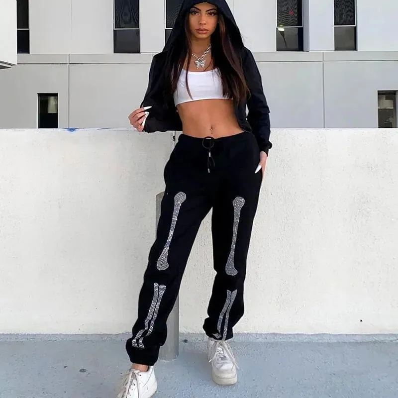 Bone Rhinestone Women Sweatpants and Jacket