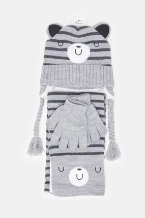 Boys Grey Knitted Set Scarf (3 Piece)